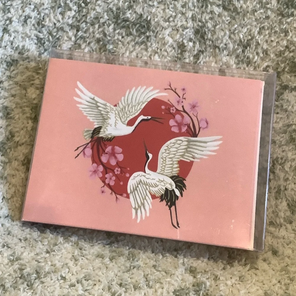 White Crane Red Moon Floral Boxed Note Cards Paper Source NWT set of 10